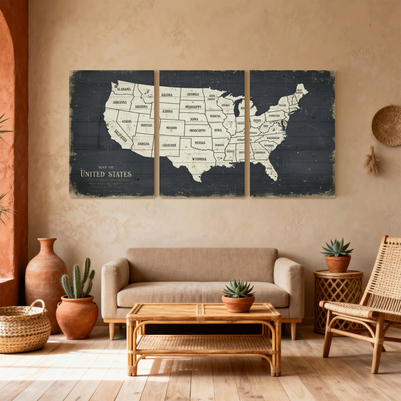 Carte des États-Unis, ensemble de 3 reproductions d'art sur toile, H 30 po x l 60 po