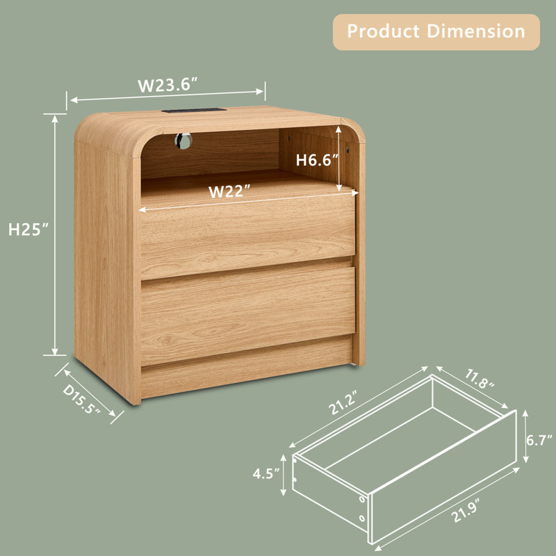 Table de bout moderne de 25 po de hauteur avec station de charge, table de chevet en bois de 23,6 po de largeur avec 2 tiroirs de rangement
