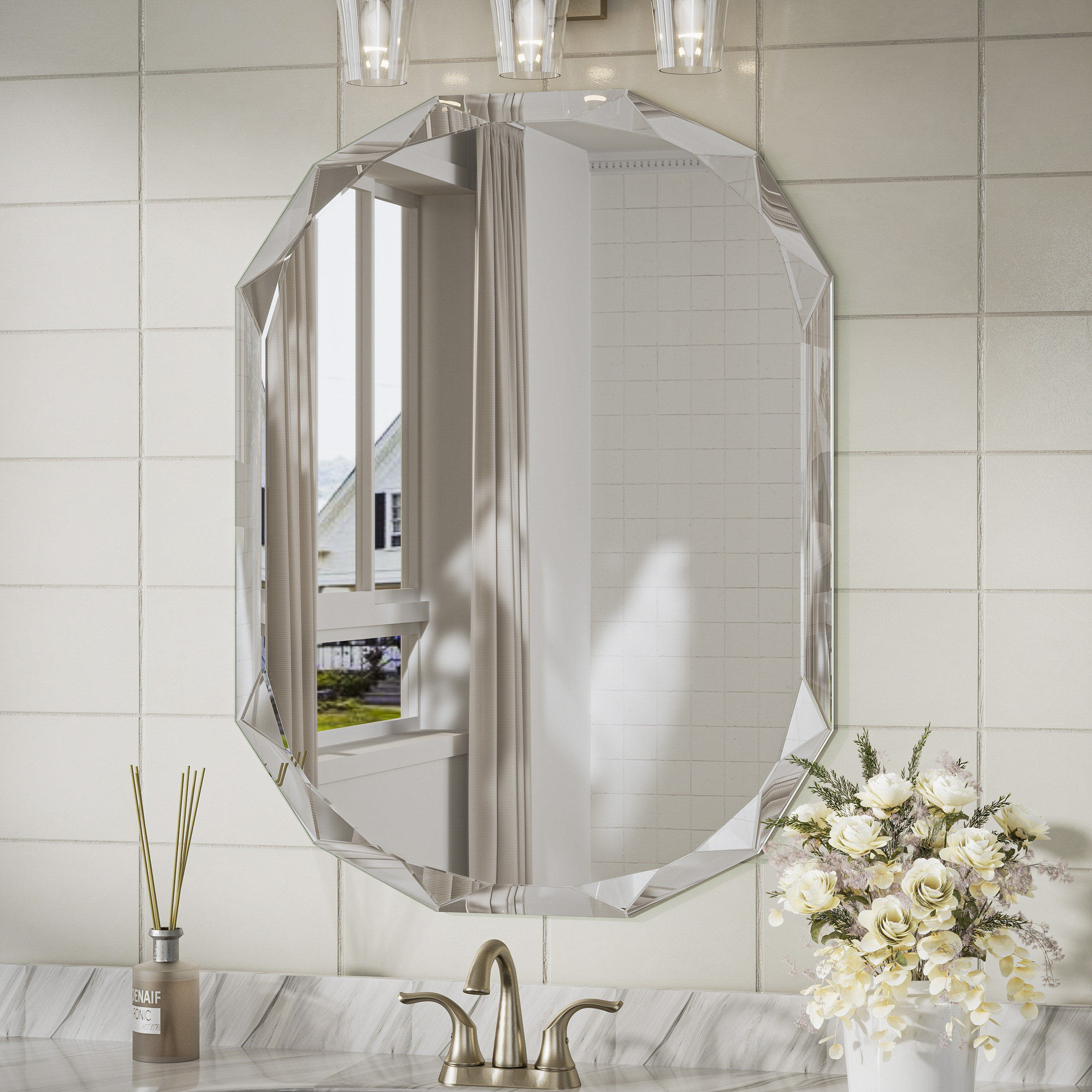 Mercer41 Pearlette Oval Beveled Frameless Bathroom Vanity Mirror Decorative Wall Accent Mirror & Reviews | Wayfair