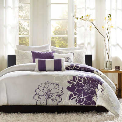 Housse de couette 6 pièces pour lit double / grand, imprimé floral en coton, housse, 2 taies décoratives, 3 coussins, fermeture à boutons, attaches de coin, broderie séduisante, literie lavable, gris / pêche, gris taupe / mauve