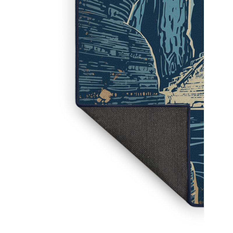 Soft Plush Fairborn Tulum Ruins Rustic Block Print Area Rug in Gray – Navy Binding, 2x5
