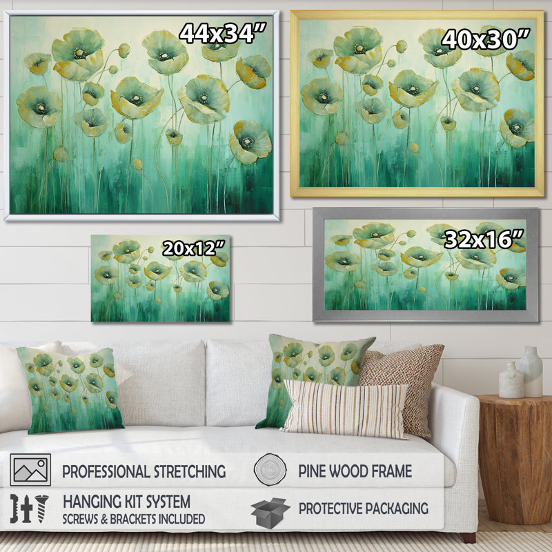 «Jade Joy Whispers Of Poppies I», reproduction sur toile, Cadre simple argenté, H 30 po x l 40 po x P 1,5 po
