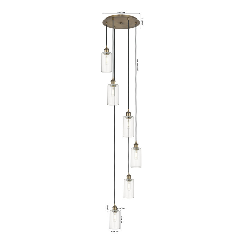 Caius - Luminaire suspendu 6 lumières à cordon, Noir mat, H 132,88 po x l 15,75 po, Gris fumée clair