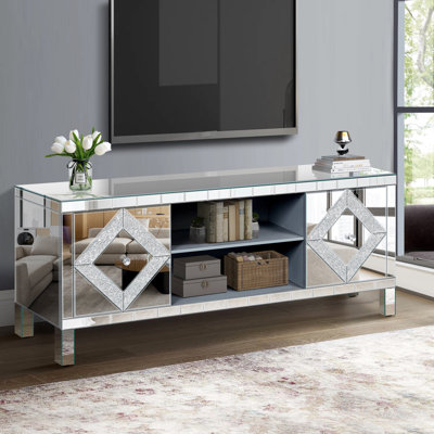 Meuble télé Aayush avec miroir pour téléviseur de 65 pouces et plus, console argentée avec 2 armoires et aire ouverte, support de salon moderne, armoires de rangement, ameublement