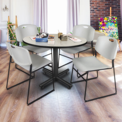 Nicklos Round Breakroom Table, 4 Zeng Stack Chairs