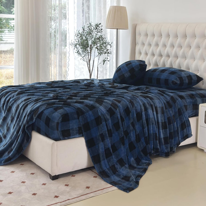 Microfiber - Set of 4, Full Sheet Set + 2 Standard Pillowcases, Blue Checkered