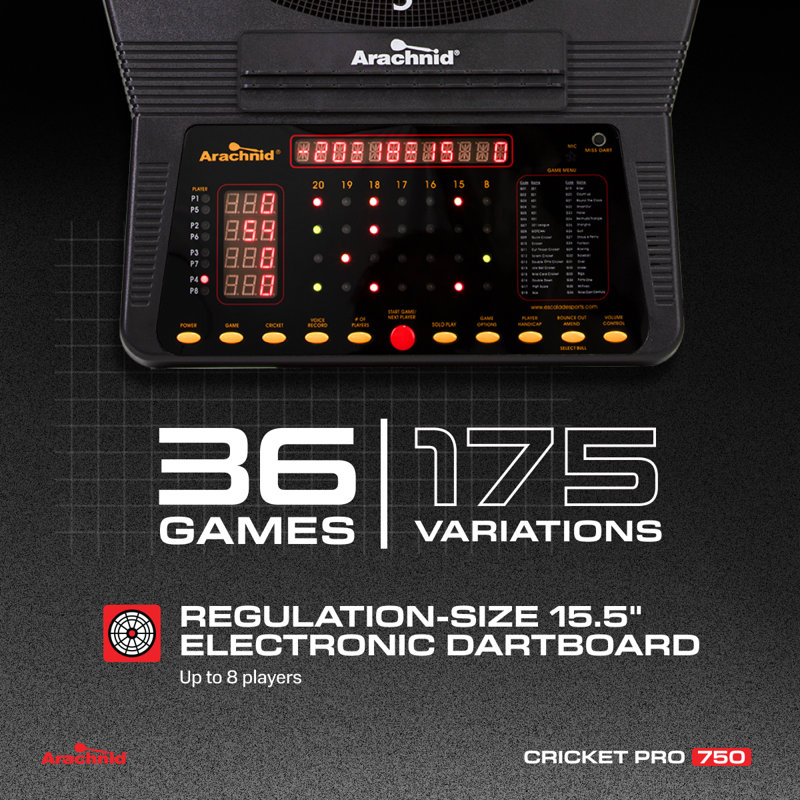 Jeu de fléchettes électronique avec fléchettes Arachnid Cricket Pro 750