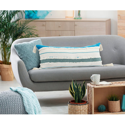 14" X 36" Blue And Off-White 100% Cotton Striped Zippered Pillow