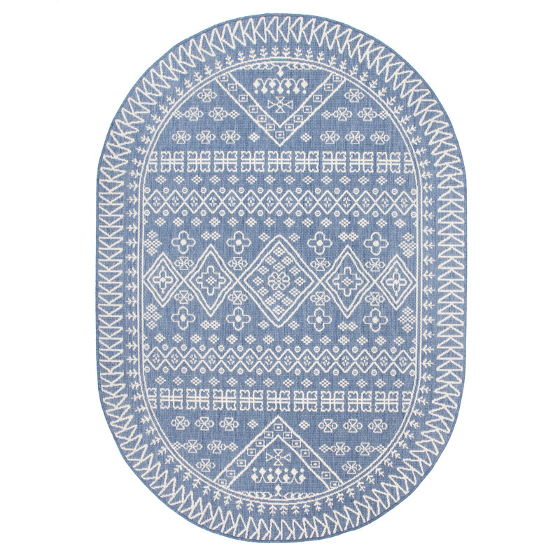 Royalston Power Loom Tribal Blue Indoor/Outdoor Patio Rug, Oval 6' x 9'