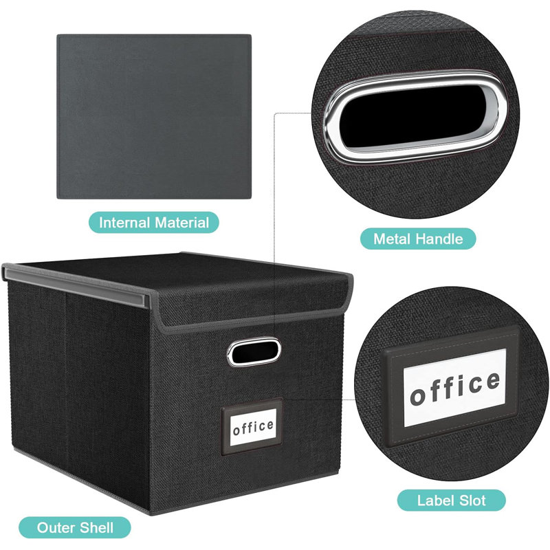 Large Linen Hanging Office Document Storage Box with Lid - Black, Collapsible Filing & Storage Boxes