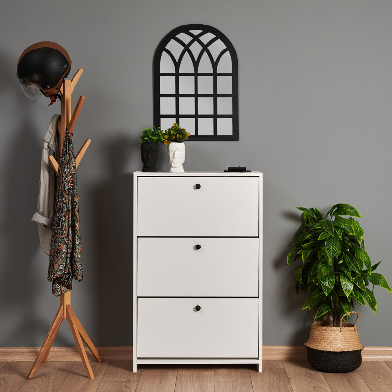 Modern Shoe Cabinet with 3 Doors, White, 27.6 x 43.3 x 10.2 inches | 100% Melamine Coated Chipboard, Thickness: 0.7 inches | Easy Assembly with Minifix System, Stylish & Functional Storage Solution for Entryway
