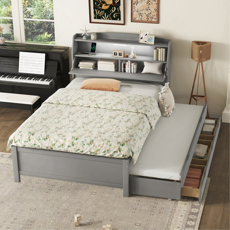 Lit plateforme en bois avec lit gigogne et tête de lit à DEL avec tiroirs, Gris, Lit double