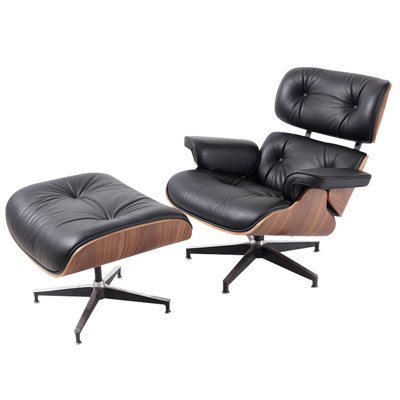  Black Genuine Leather Swivel Lounge Chair with Ottoman