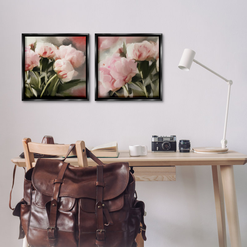 Ensemble de 2 toiles flottantes tendres avec pivoines roses douces par Dan Meneely, Cadre flottant noir de jais
