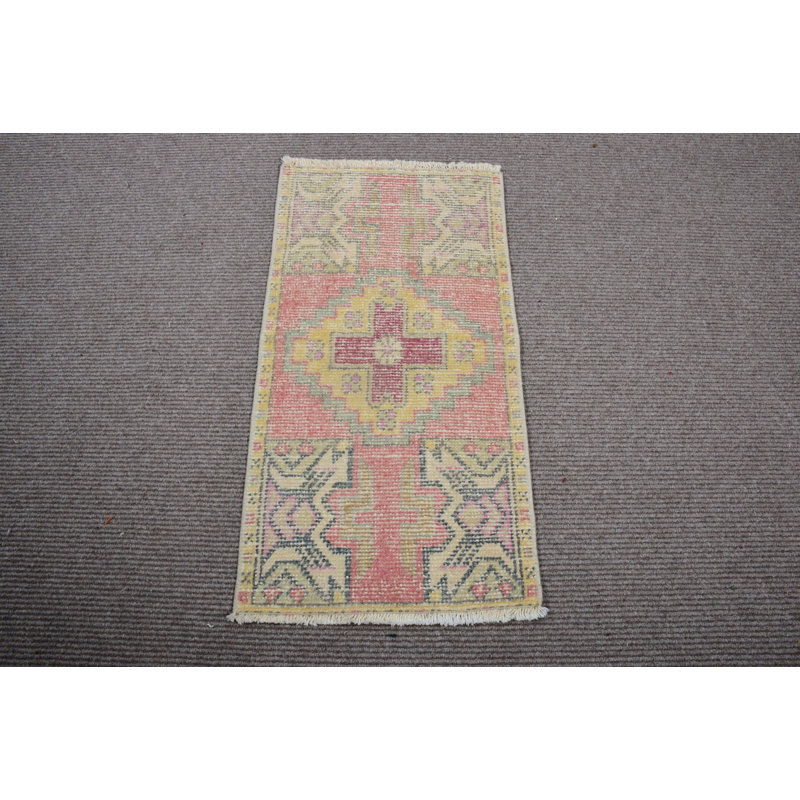 Hand-Knotted Vintage Turkish Door Mat with Traditional Geometric Design in Soft Pastel Tones