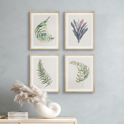 Ensemble de 4 décorations murales florales vertes et mauves multicolores encadrées