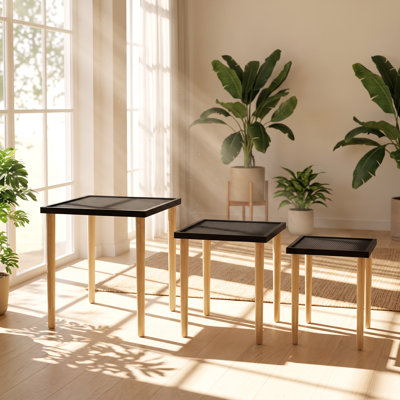 Evergreen 25.2" W x 15.7" D x 20.9" H Solid Pine Wood and Natural Rattan 3 - Piece Nesting Side Tables