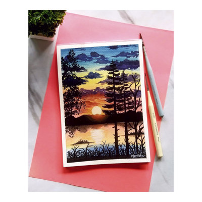 Magnifique paysage coucher de soleil | Couleur gouache | Par Manisha
