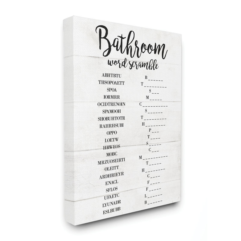 «Bathroom Word Scramble White and Black», impression, Toile tendue, H 16 po x l 20 po x P 1,5 po