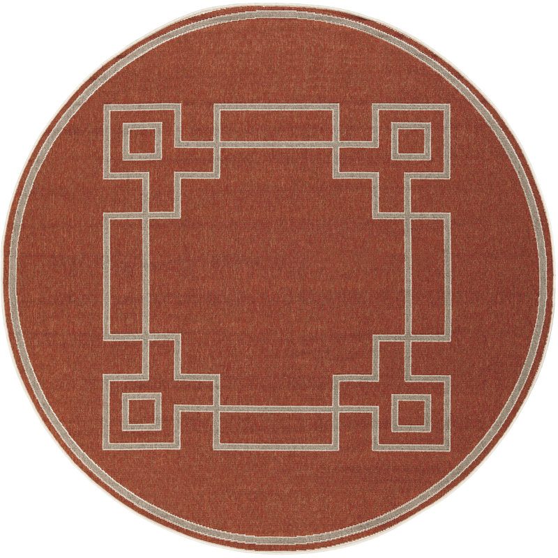 Tapis rouge et rouille à motif géométrique tissé au métier mécanique Amherst, Rond 8 pi 9 po