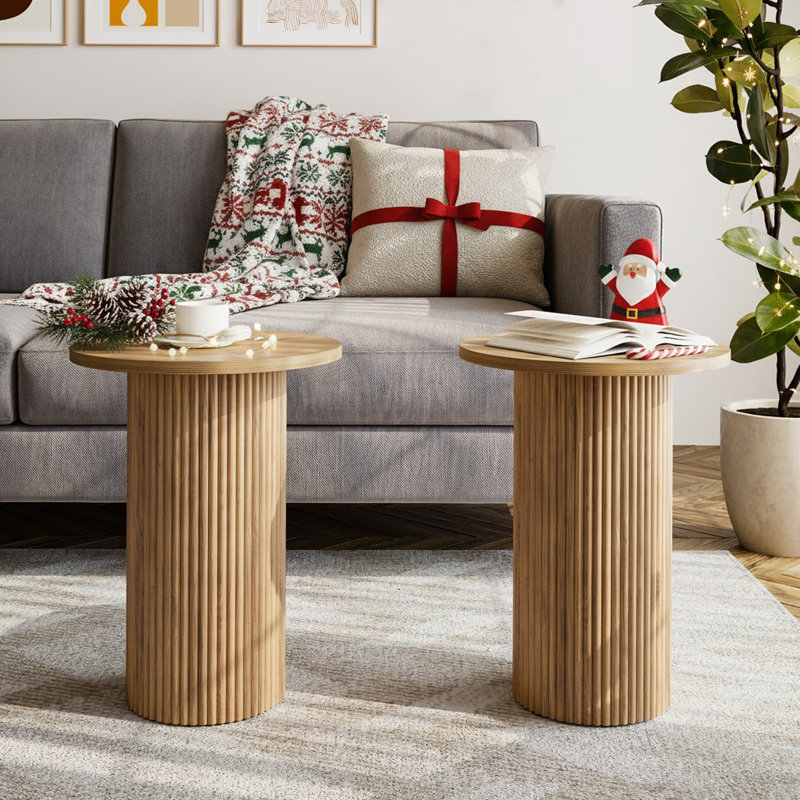 Pedestal Wood Round End Table Set Drum Side Table (Set of 2), Beige
