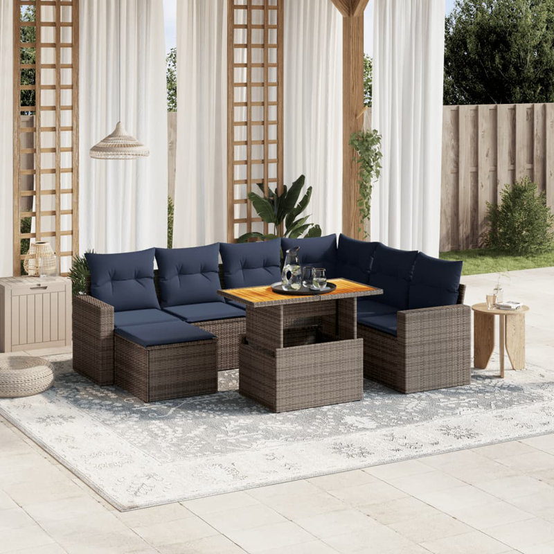  Ensemble de canapé de patio 8 pièces avec coussins en rotin de polyester, Gris, Bleu