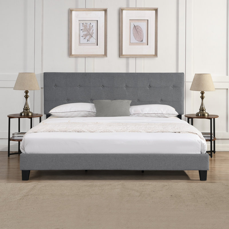 Upholstered Platform Bed with Button Tufted Linen Fabric Headboard, No Box Spring Needed, Wood, King, Heather Gray
