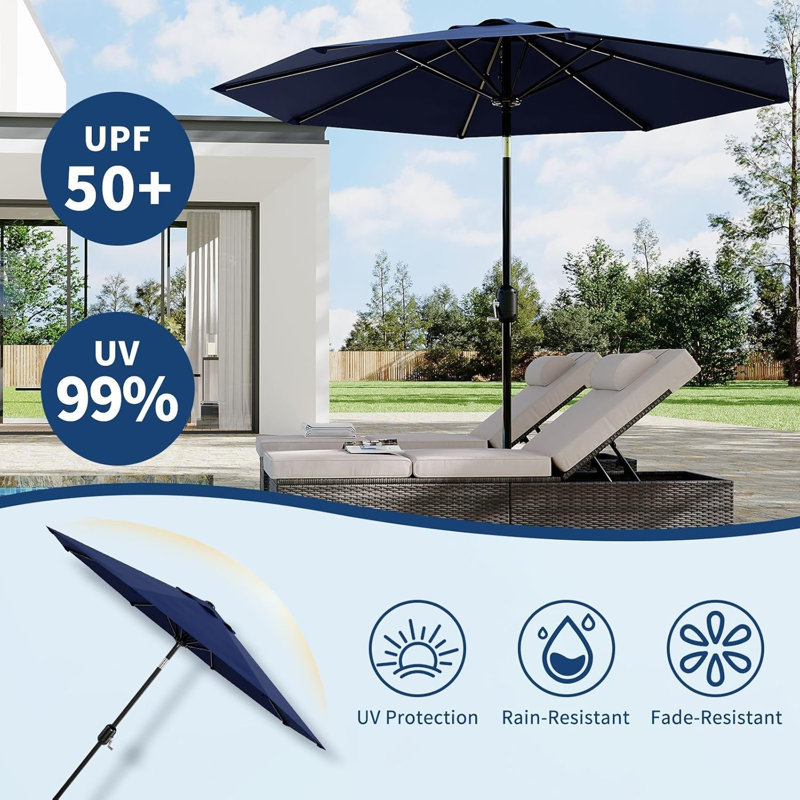 Parasol de table d'extérieur 10 pi avec 8 manivelles robustes et levier inclinable - Protection contre les rayons UV et parapluies imperméables