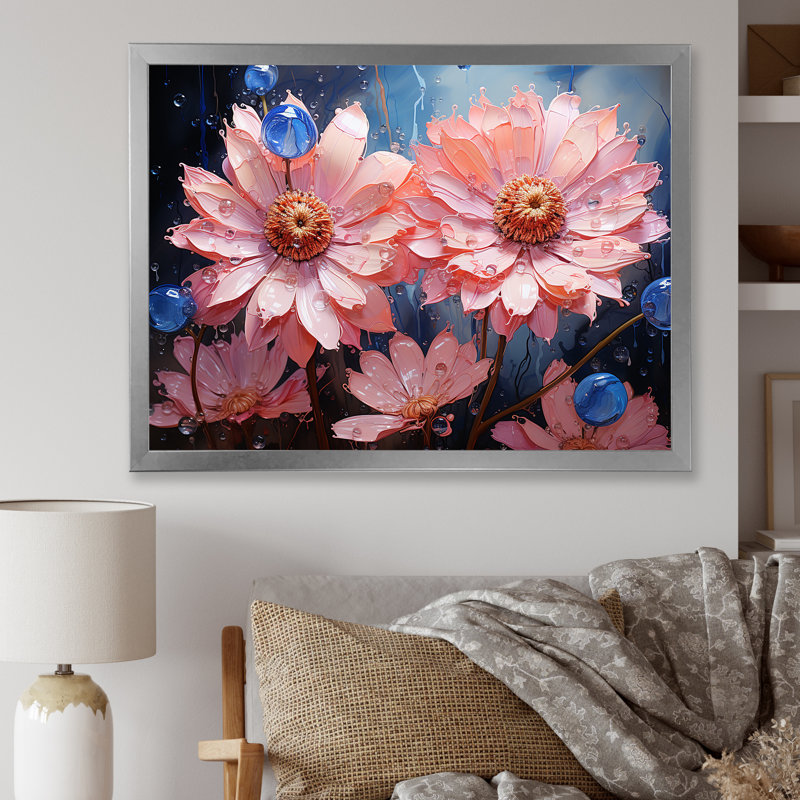 «Neon Flourish Pink Cornflowers III», reproduction sur toile, Cadre simple argenté, H 24 po x l 32 po x P 1 po