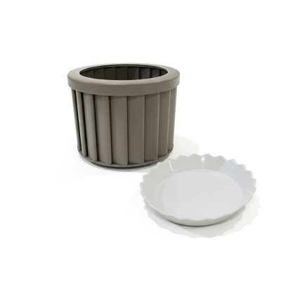 Jardinière ronde MD en gris brun, construction légère en aluminium, ouverture de drainage prédécoupée, revêtement thermolaqué de ton bois moderne, plateau interne qui aide à retenir l'eau, profondeur 8,42, largeur, 6,13, hauteur