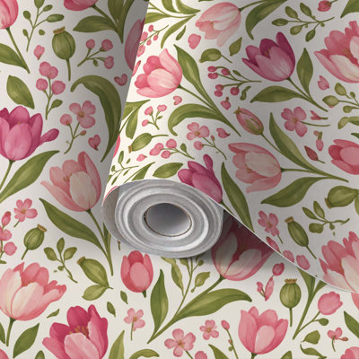 Papier peint adhésif décoratif à motif floral de tulipes roses et de feuilles vertes, style aquarelle botanique, amovible et facile à poser soi-même. Idéal pour les locataires, il convient parfaitement à la chambre, au salon, à la cuisine et à la salle de bain.