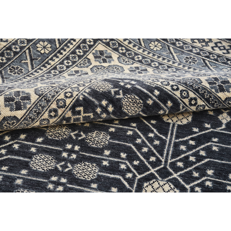 Tapis noué à la main de haute qualité en gris / noir / ivoire, Rectangle 6 pi x 9 pi
