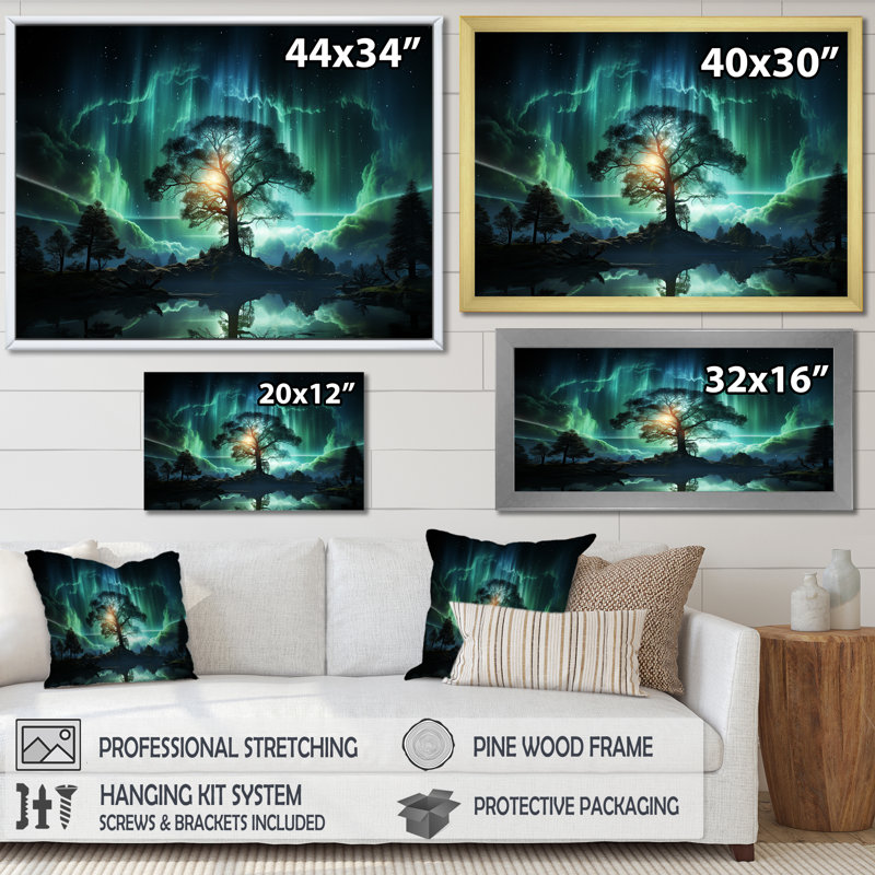 Emerald Tree In Northern Lights I - Art mural arbre, Cadre flottant blanc, H 12 po x l 20 po x P 1 po