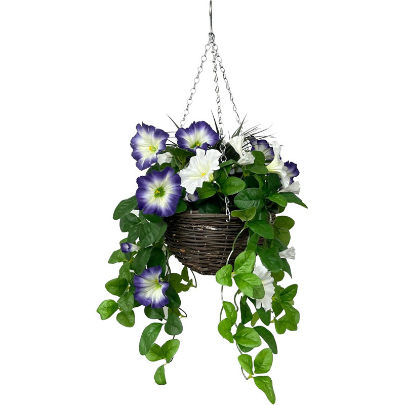 Artificial Petunia Round Rattan Hanging Basket, 33cm H x 24.5cm W x 24.5cm D, Purple/White