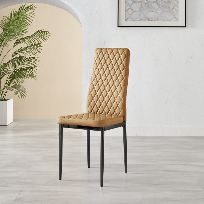Modern Design Metal Round Glass Contemporary Dining Table & 4 Luxury Faux Leather Dining Chairs, Mustard/Black