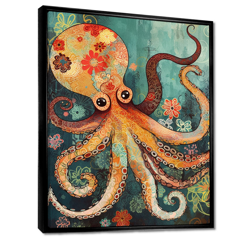 «Flowerful Octopus Deep Sea Boho Vintage», art mural poulpe / calmar, Toile flottante noire encadrée, H 32 po x l 16 po