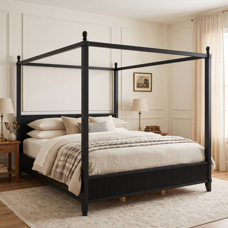 Lit plateforme à baldaquin en bois, tête et pied de lit cannelés, style moderne, chambre, Très grand lit, Noir