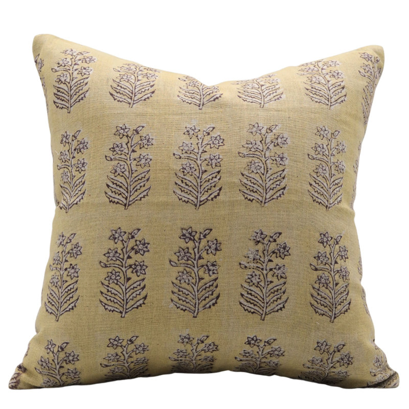 Housse de coussin d'intérieur / extérieur Floral Linen, H 26 po x l 26 po, Moutarde à motif floral, Carré