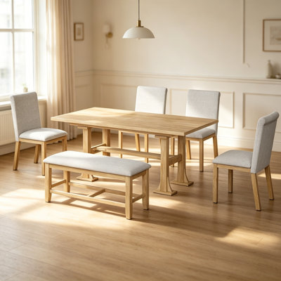 Farmhouse 76inch 6-Piece Extendable Dining Table Set Trestle Kitchen Table Set with 18inch Removable Leaf and Upholstered Dining Chair and Bench for D