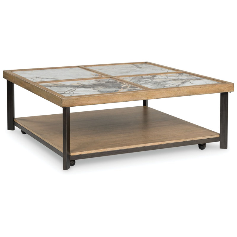 Table basse Tey avec roulettes, carré de 48 pouces, pierre frittée, brun