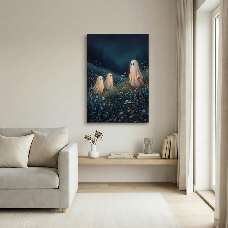 Three Glowing Ghosts in Night Meadow Canvas Wall Art, 36"H x 24"W