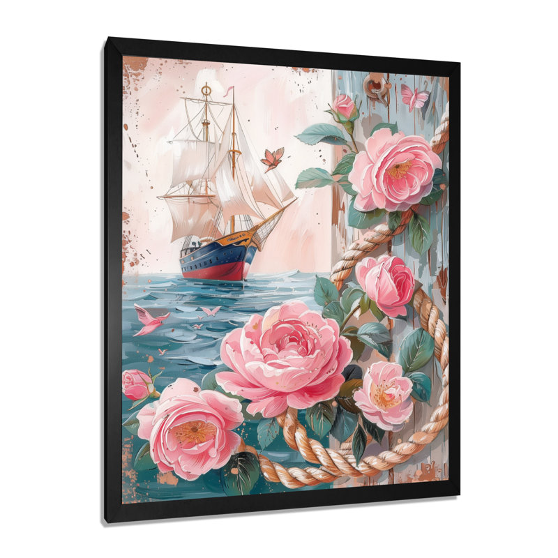 Ancre de pirate rose et vert avec roses roses I - art mural côtier, Toile encadrée noire simple, H 12 po x l 20 po x P 1 po