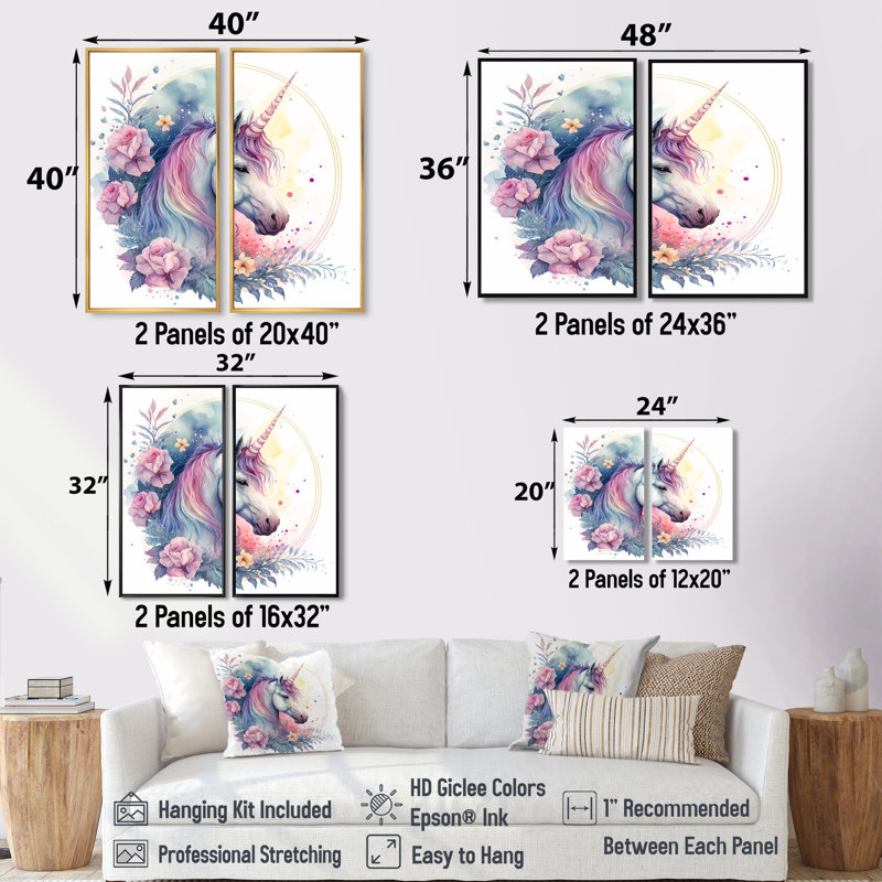 Mignon licorne pastel entourée de fleurs III - crème, art mural moderne, H 36 po x l 48 po, Impression encadrée flottante