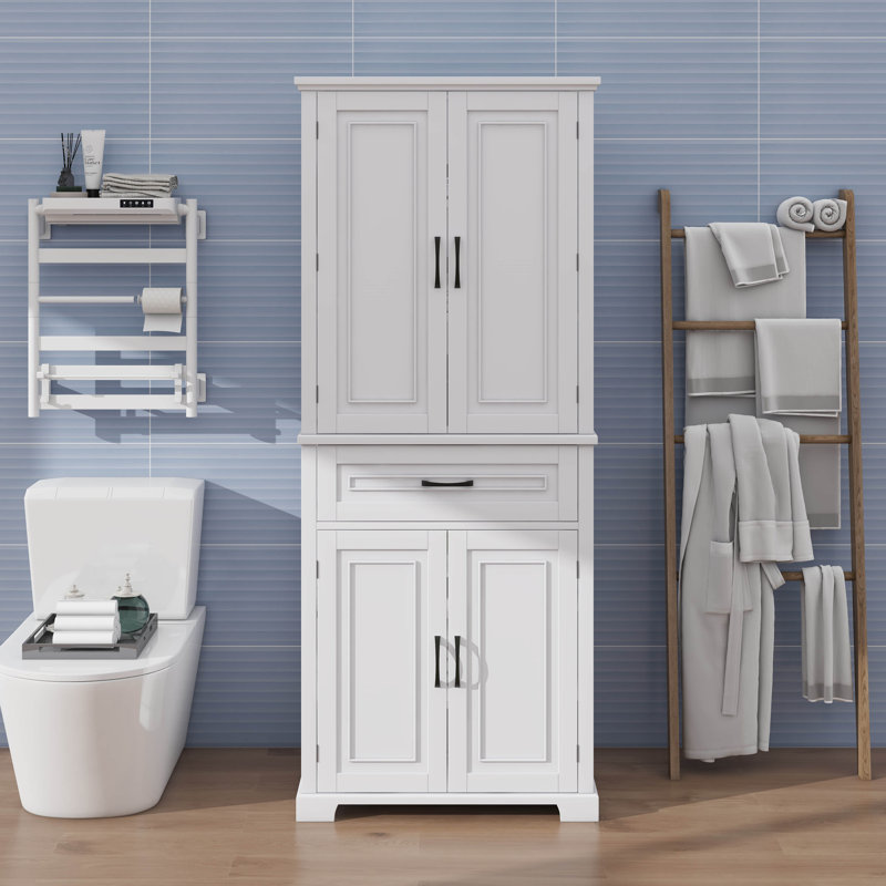 Grande armoire de rangement pour salle de bain avec tiroir, tablettes réglables et 2 armoires à portes, Blanc