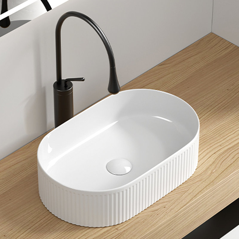 19 - 1/4″ Wide Oval Above Counter Vessel Sink, 12 3/8″ Deep, White Porcelain, Straight Line Texture And Strong Structure 19.66 In. Depth Countertop 12.39 Width, High Temperature Fired Non Absorbent