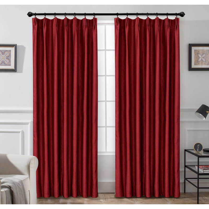 Kassia Pinch Pleated Faux Linen Textured Blackout Thermal Insulated Curtains, 52" W x 96" L, Red