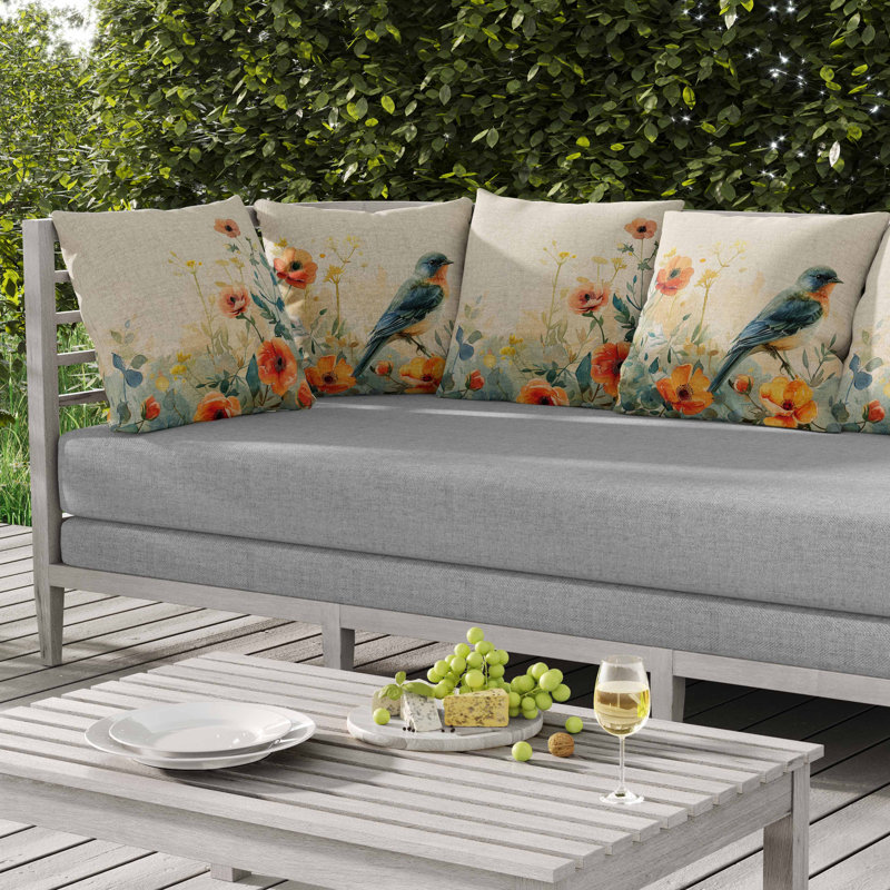 Coussin intérieur / extérieur Tranquil Thicket, Vert / Beige / Orange, Carré 16 po