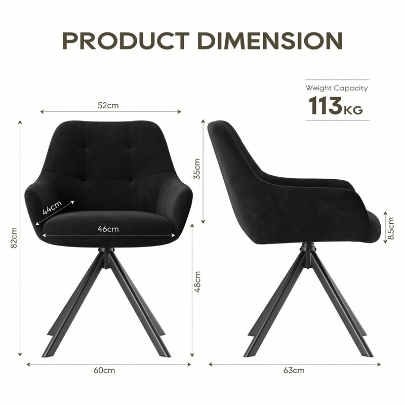 48cm H Fabric Upholstered Metal Upholstered Back Armchair, Black