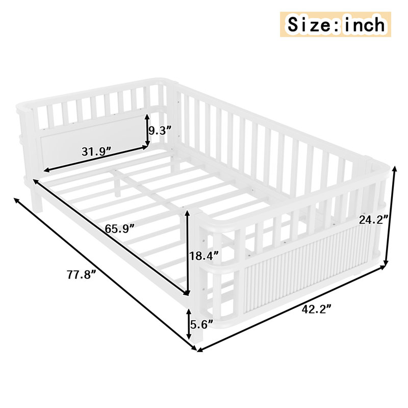 Lit plateforme simple en fer et en bois d'ingénierie avec garde-corps l 41,74 po x P 77,76 po x H Timor