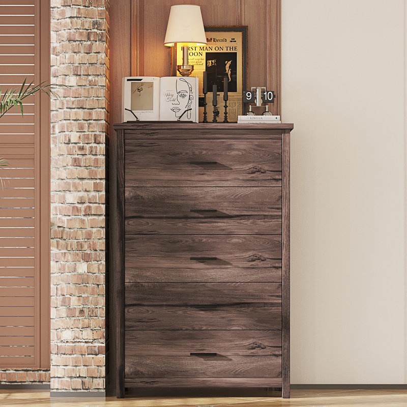 Commode de style rétro American Country avec 5 tiroirs, armoire de rangement et armoire de salon, Noyer